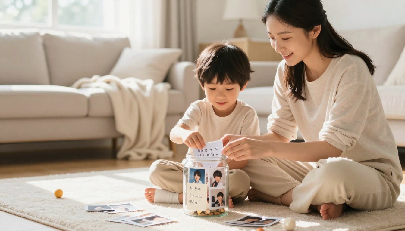 A woman and child sit on a light-colored rug in a bright living room, placing notes into a jar with photos attached. A beige sofa and blanket are in the background.