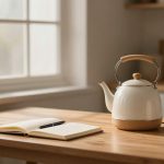 A white kettle with a wooden handle sits on a wooden table next to an open notebook with a pen and a standing calendar. A potted plant is on the windowsill in the background, with soft natural light coming through the window.