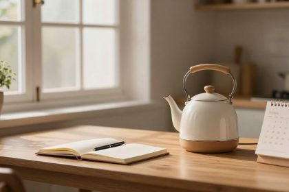 A white kettle with a wooden handle sits on a wooden table next to an open notebook with a pen and a standing calendar. A potted plant is on the windowsill in the background, with soft natural light coming through the window.