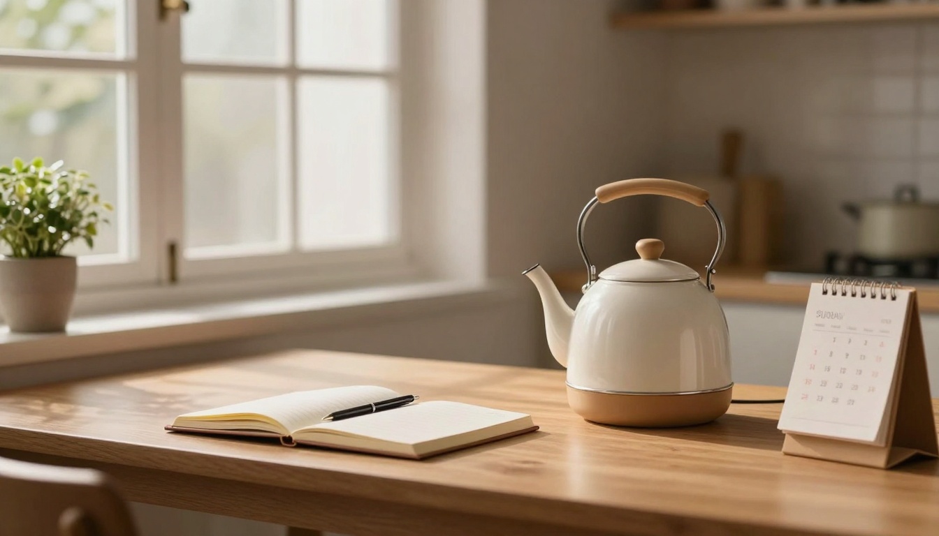 A white kettle with a wooden handle sits on a wooden table next to an open notebook with a pen and a standing calendar. A potted plant is on the windowsill in the background, with soft natural light coming through the window.