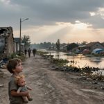 A young child holding a doll stands on a dirt road lined with damaged buildings. The sky is overcast with sun rays breaking through clouds, and a flooded area is visible on the right. People walk in the distance.