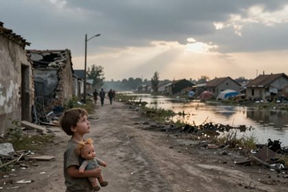 A young child holding a doll stands on a dirt road lined with damaged buildings. The sky is overcast with sun rays breaking through clouds, and a flooded area is visible on the right. People walk in the distance.