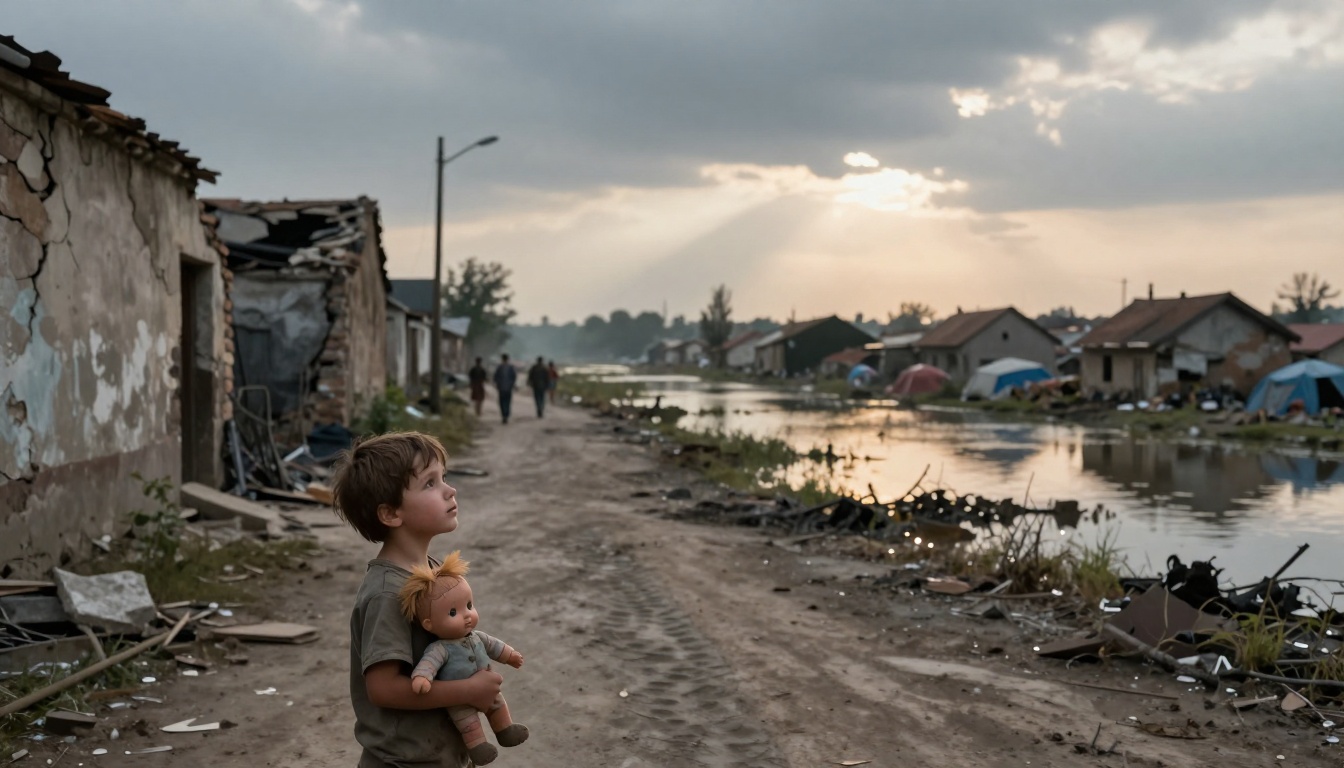 A young child holding a doll stands on a dirt road lined with damaged buildings. The sky is overcast with sun rays breaking through clouds, and a flooded area is visible on the right. People walk in the distance.