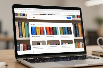 A laptop on a wooden table displays a browser with a Google search page. The screen shows a bookshelf with colorful books. A white coffee mug and a closed book are nearby.
