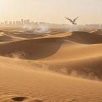 A bird with white wings flies over vast, rolling sand dunes under a hazy sky. A city skyline is visible on the horizon.