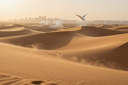 A bird with white wings flies over vast, rolling sand dunes under a hazy sky. A city skyline is visible on the horizon.