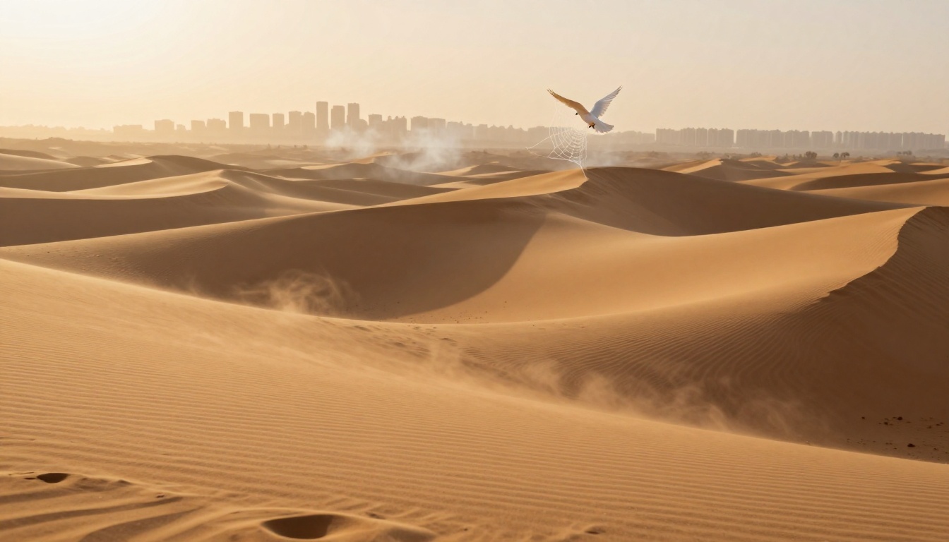 A bird with white wings flies over vast, rolling sand dunes under a hazy sky. A city skyline is visible on the horizon.