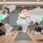 A conference room with three people seated at a table, viewed through a translucent world map overlay. The map highlights India and China with respective flags. Indian flags are visible in the background.