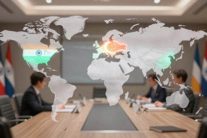 A conference room with three people seated at a table, viewed through a translucent world map overlay. The map highlights India and China with respective flags. Indian flags are visible in the background.