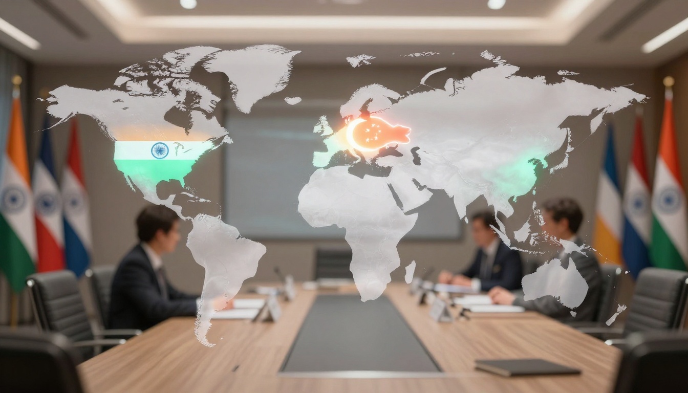 A conference room with three people seated at a table, viewed through a translucent world map overlay. The map highlights India and China with respective flags. Indian flags are visible in the background.