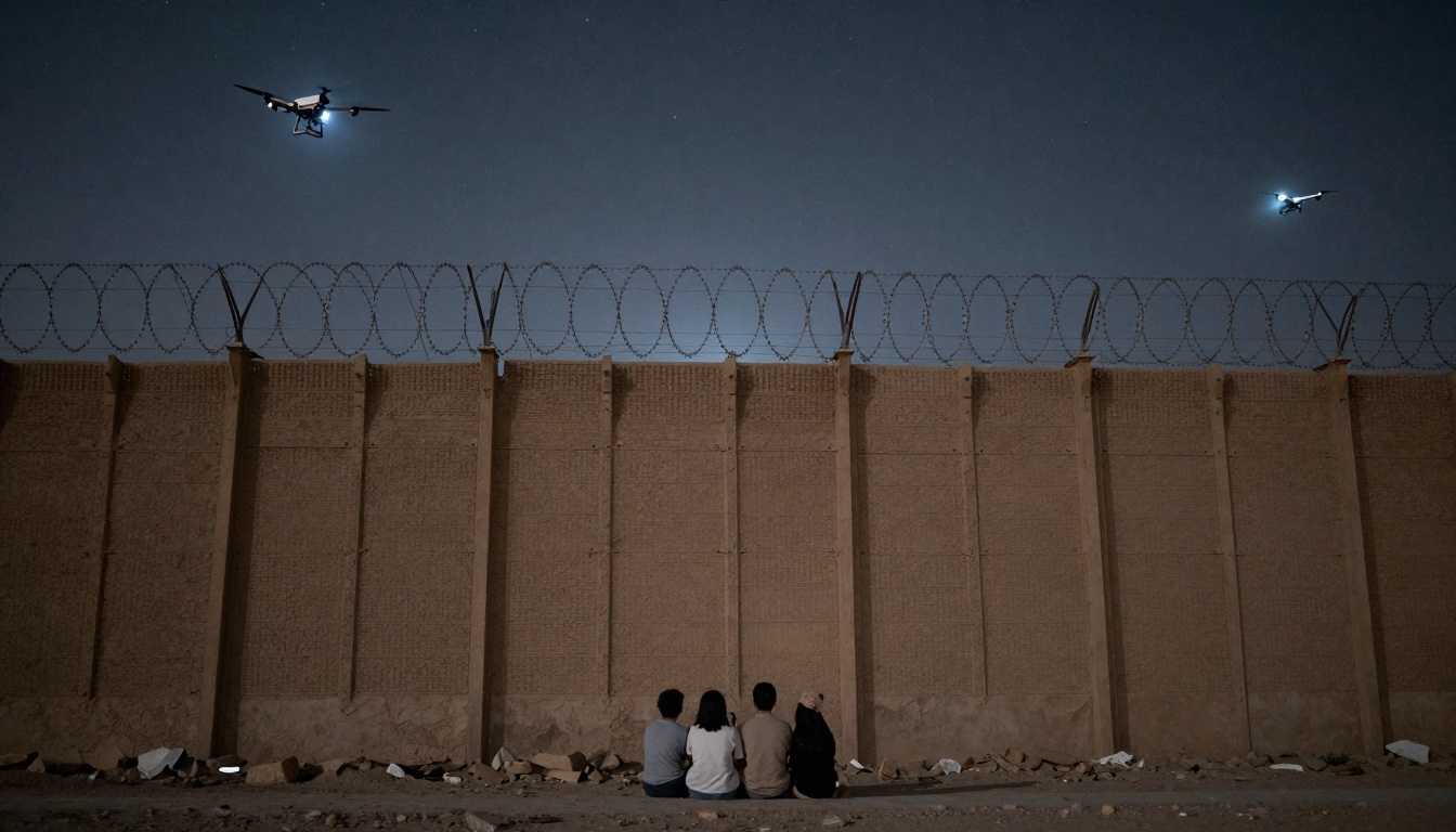 Four people sit on the ground at night, facing a tall concrete wall topped with barbed wire. Two drones with lights fly overhead.