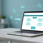 A laptop on a desk displays a flowchart. The background features digital icons like SEO, magnifying glass, and graph on a blue wall.