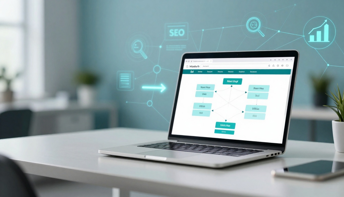 A laptop on a desk displays a flowchart. The background features digital icons like SEO, magnifying glass, and graph on a blue wall.