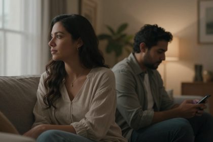 A woman with long dark hair sits on a couch looking left, appearing thoughtful. A man next to her looks down at his phone. The room is softly lit with a lamp and plant in the background.