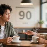 A man and woman sit at a café table with steaming cups of coffee, engaged in conversation. A large "90" is visible on the wall behind them.
