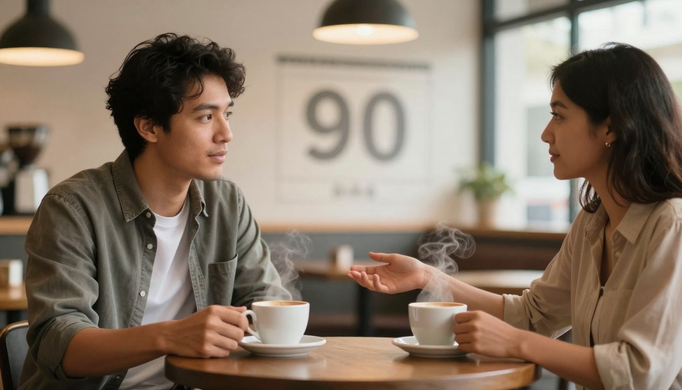 A man and woman sit at a café table with steaming cups of coffee, engaged in conversation. A large "90" is visible on the wall behind them.