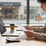 A person sitting at a wooden table, reading documents. A laptop, coffee cup, and calculator are on the table. Blurred cafe in the background.