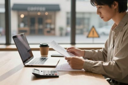 A person sitting at a wooden table, reading documents. A laptop, coffee cup, and calculator are on the table. Blurred cafe in the background.