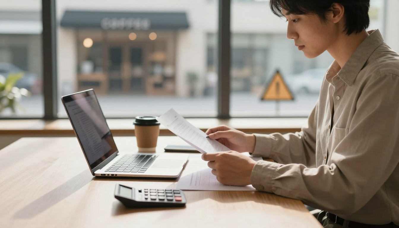 A person sitting at a wooden table, reading documents. A laptop, coffee cup, and calculator are on the table. Blurred cafe in the background.