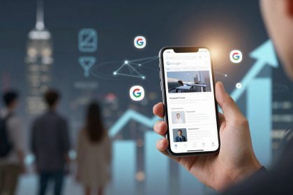 A person holds a smartphone displaying a website, with floating Google icons and digital connections. Three blurred people and a cityscape are in the background.