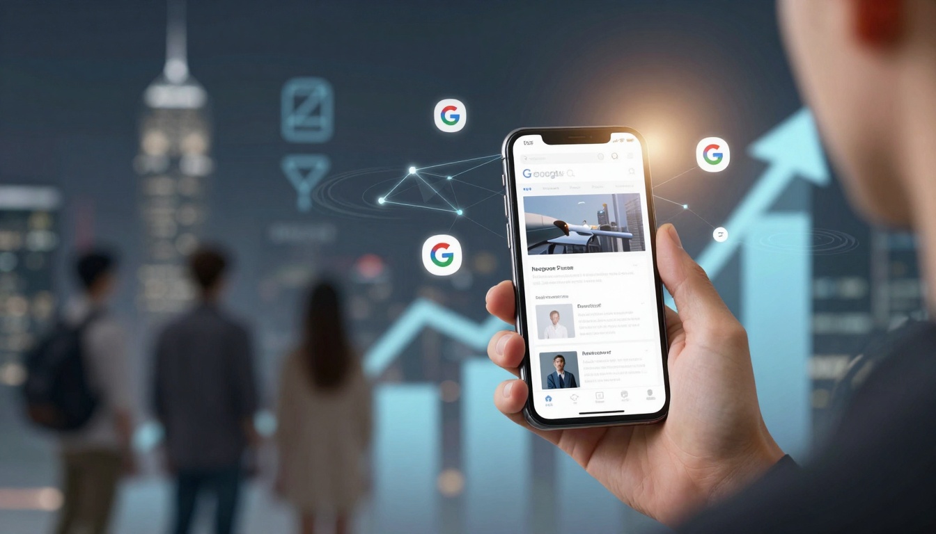 A person holds a smartphone displaying a website, with floating Google icons and digital connections. Three blurred people and a cityscape are in the background.