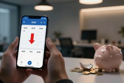 A person holds a smartphone displaying a calendar for 2025 with a red arrow pointing down. A pink piggy bank and scattered coins are on a desk in the background.