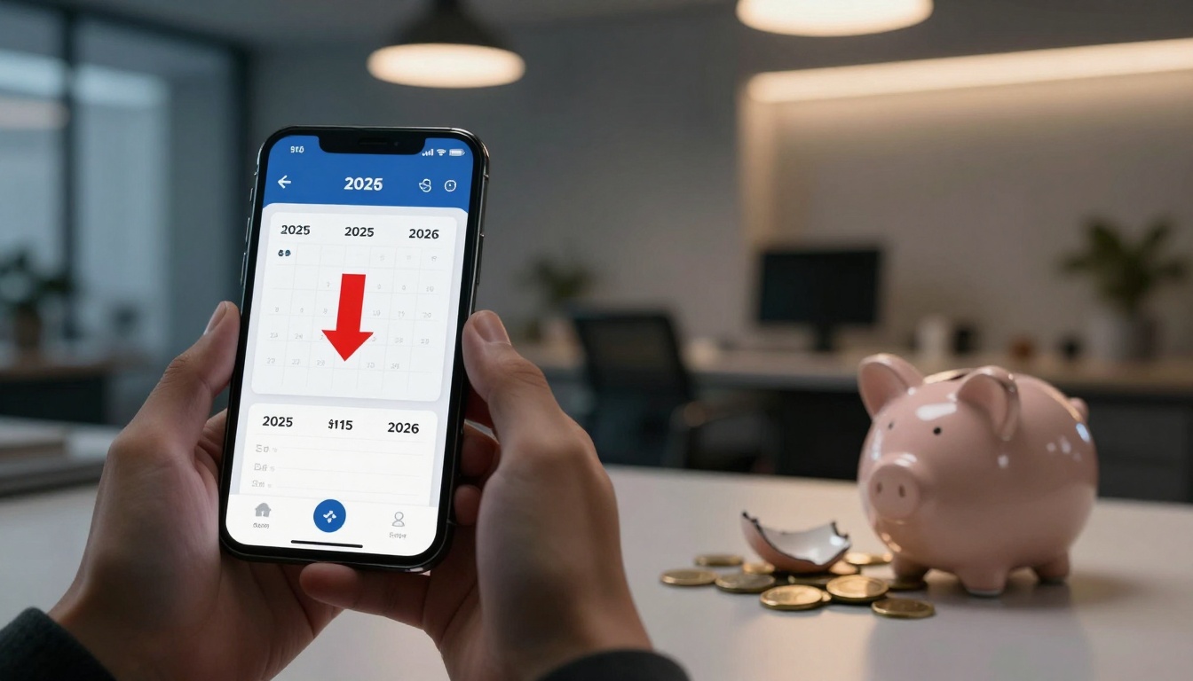 A person holds a smartphone displaying a calendar for 2025 with a red arrow pointing down. A pink piggy bank and scattered coins are on a desk in the background.