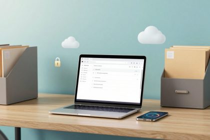 A laptop displaying a file management interface is on a wooden desk. Two gray file holders with documents are on either side. A smartphone lies nearby, and cloud icons hover above, with a padlock symbol. The background is a light blue wall.