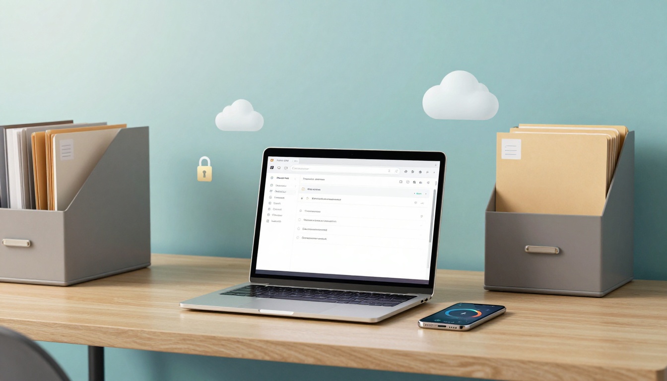 A laptop displaying a file management interface is on a wooden desk. Two gray file holders with documents are on either side. A smartphone lies nearby, and cloud icons hover above, with a padlock symbol. The background is a light blue wall.