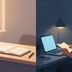 On the left, a sunlit desk with a steaming coffee mug, open notebook, and pen. On the right, a person writing in a notebook at a dimly lit desk with a laptop and smartphone.