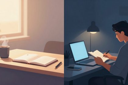 On the left, a sunlit desk with a steaming coffee mug, open notebook, and pen. On the right, a person writing in a notebook at a dimly lit desk with a laptop and smartphone.