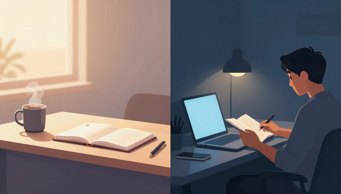 On the left, a sunlit desk with a steaming coffee mug, open notebook, and pen. On the right, a person writing in a notebook at a dimly lit desk with a laptop and smartphone.
