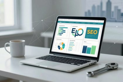 A laptop displaying SEO and analytics graphs is on a white desk. A white coffee mug is on the left, and an adjustable wrench is on the right. The background shows blurred office windows and a cityscape.