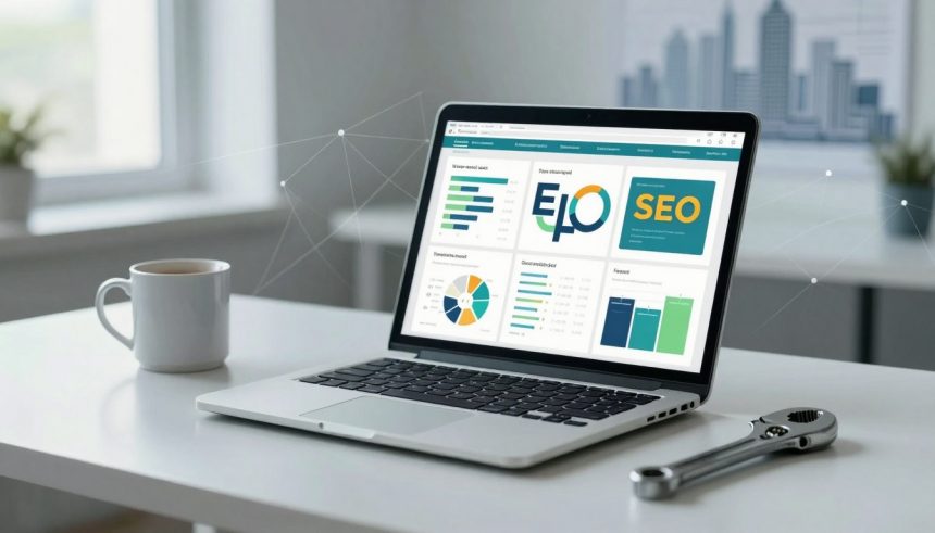 A laptop displaying SEO and analytics graphs is on a white desk. A white coffee mug is on the left, and an adjustable wrench is on the right. The background shows blurred office windows and a cityscape.