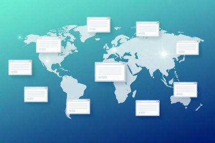 A digital world map on a blue-green gradient background with floating browser windows displaying text, connected by lines, symbolizing global communication.