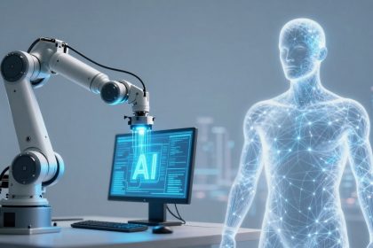 A robotic arm interacts with a computer displaying "AI" on the screen. A digital human figure composed of glowing blue nodes and lines stands nearby.