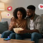 A couple sits on a couch sharing a bowl of popcorn. The woman, in a brown sweater, holds popcorn; the man, in a gray shirt, has his arm around her. Heart icons float above them. A smartphone lies on a wooden table in front. A lit lamp and plant are in the background.