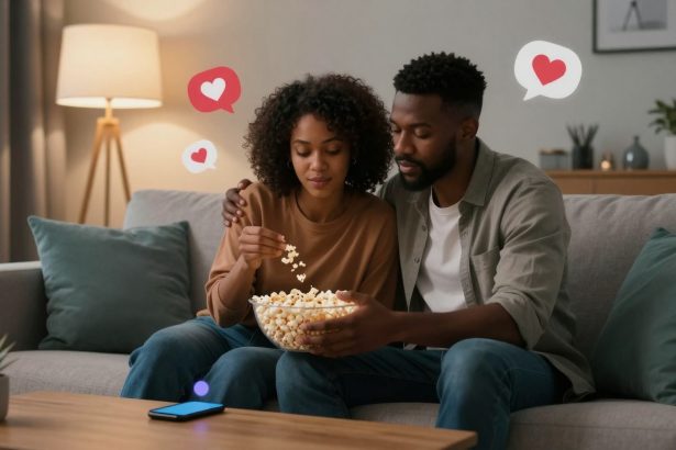 A couple sits on a couch sharing a bowl of popcorn. The woman, in a brown sweater, holds popcorn; the man, in a gray shirt, has his arm around her. Heart icons float above them. A smartphone lies on a wooden table in front. A lit lamp and plant are in the background.