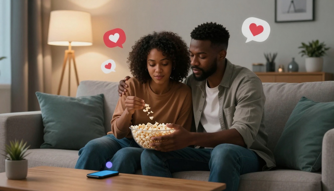 A couple sits on a couch sharing a bowl of popcorn. The woman, in a brown sweater, holds popcorn; the man, in a gray shirt, has his arm around her. Heart icons float above them. A smartphone lies on a wooden table in front. A lit lamp and plant are in the background.
