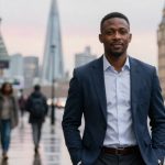 A man in a blue suit and white shirt stands on a street with the London skyline, including Big Ben and The Shard, in the background. Pedestrians walk nearby.