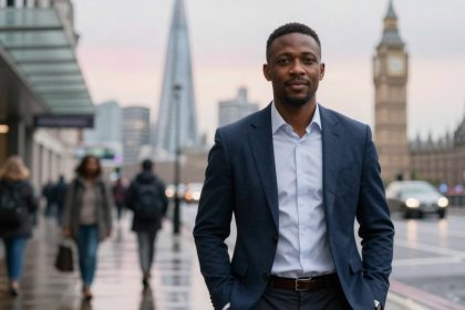 A man in a blue suit and white shirt stands on a street with the London skyline, including Big Ben and The Shard, in the background. Pedestrians walk nearby.