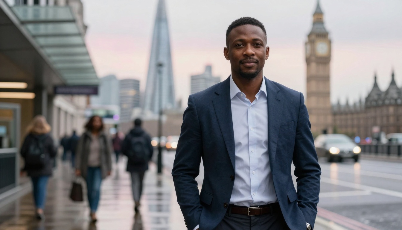 A man in a blue suit and white shirt stands on a street with the London skyline, including Big Ben and The Shard, in the background. Pedestrians walk nearby.