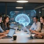 A group of five people sit at a table in an office, working on laptops. A holographic brain image floats above the table, indicating a tech or brainstorming session. The room is dimly lit, with city lights visible through large windows.