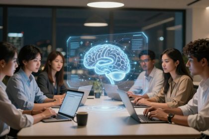 A group of five people sit at a table in an office, working on laptops. A holographic brain image floats above the table, indicating a tech or brainstorming session. The room is dimly lit, with city lights visible through large windows.