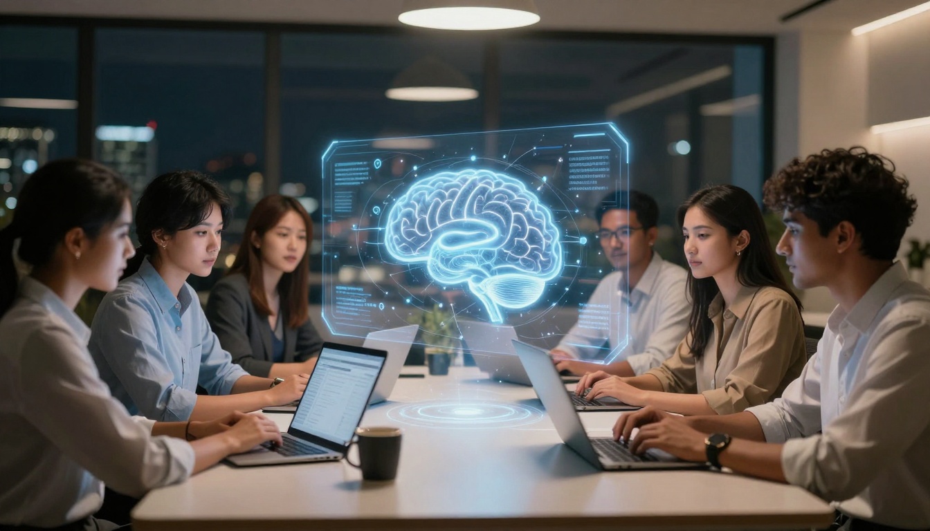 A group of five people sit at a table in an office, working on laptops. A holographic brain image floats above the table, indicating a tech or brainstorming session. The room is dimly lit, with city lights visible through large windows.