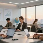 Five people in business attire work on laptops in a bright office with large windows. Globes and charts are visible on the walls.