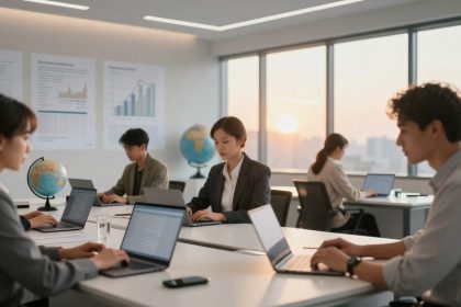 Five people in business attire work on laptops in a bright office with large windows. Globes and charts are visible on the walls.