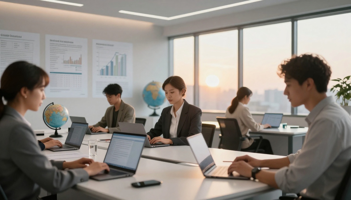 Five people in business attire work on laptops in a bright office with large windows. Globes and charts are visible on the walls.