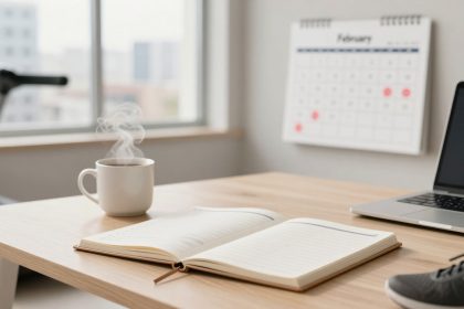 A desk with an open notebook, steaming coffee cup, and laptop. A sneaker is partially visible. A February calendar and treadmill are in the background.