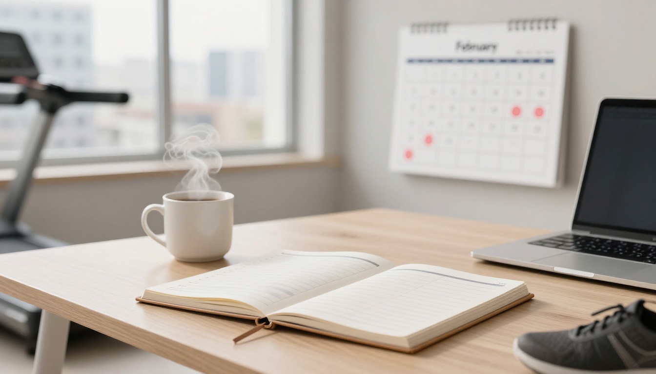 A desk with an open notebook, steaming coffee cup, and laptop. A sneaker is partially visible. A February calendar and treadmill are in the background.